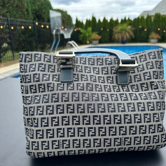 FENDI Vintage Zucchino  Navy Leather & Grey Canvas Tote Bag - Picture 6 of 17